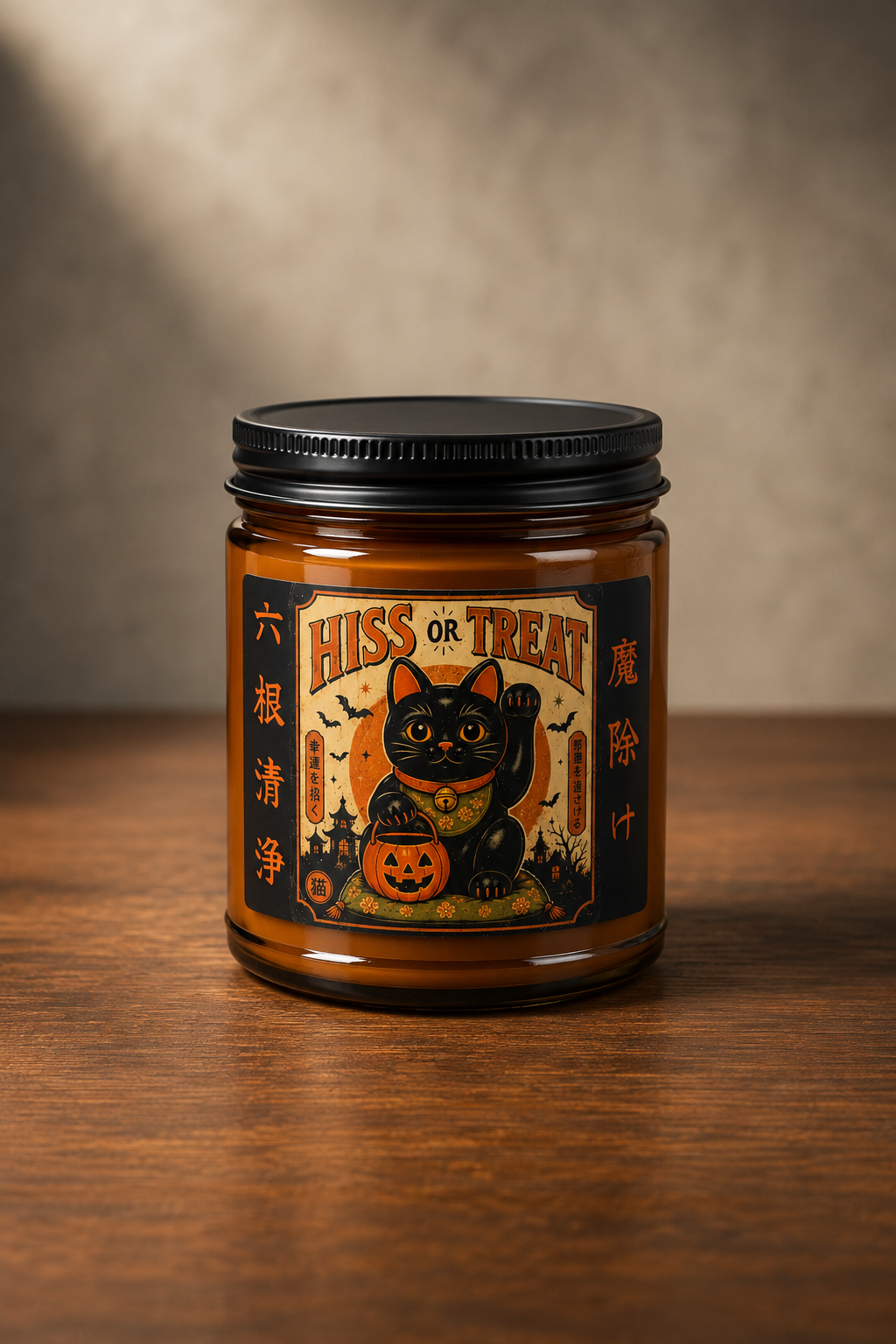 Hiss or Treat Halloween Candle – Black Cat Maneki-Neko, Vintage Japanese Lucky Cat, Spooky Fall Decor