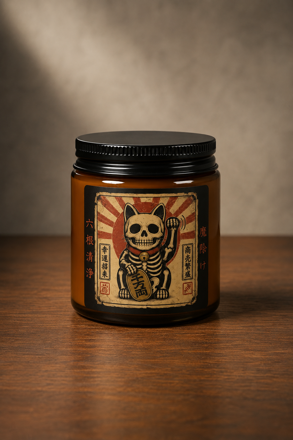 Skeleton Maneki-Neko Halloween Candle – Japanese Lucky Cat, Evil Warding Talisman, Vintage Occult Decor