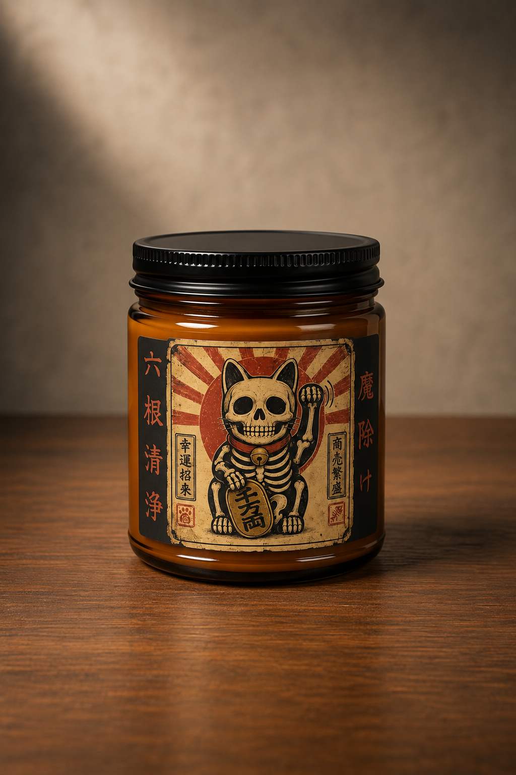 Skeleton Maneki-Neko Halloween Candle – Japanese Lucky Cat, Evil Warding Talisman, Vintage Occult Decor