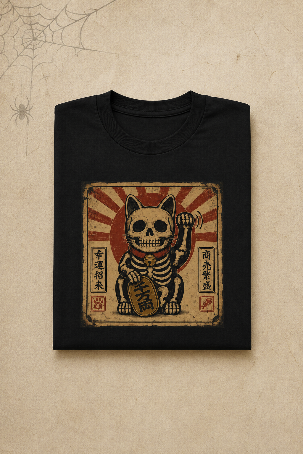 Maneki-Neko Skeleton Halloween T-Shirt - Black