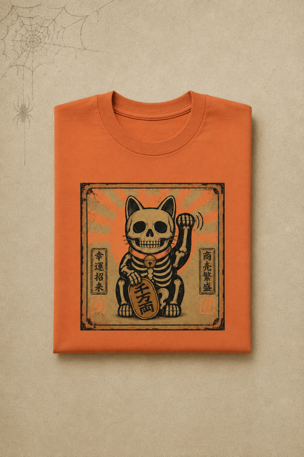 Maneki-Neko Skeleton Halloween T-Shirt - Burnt Orange
