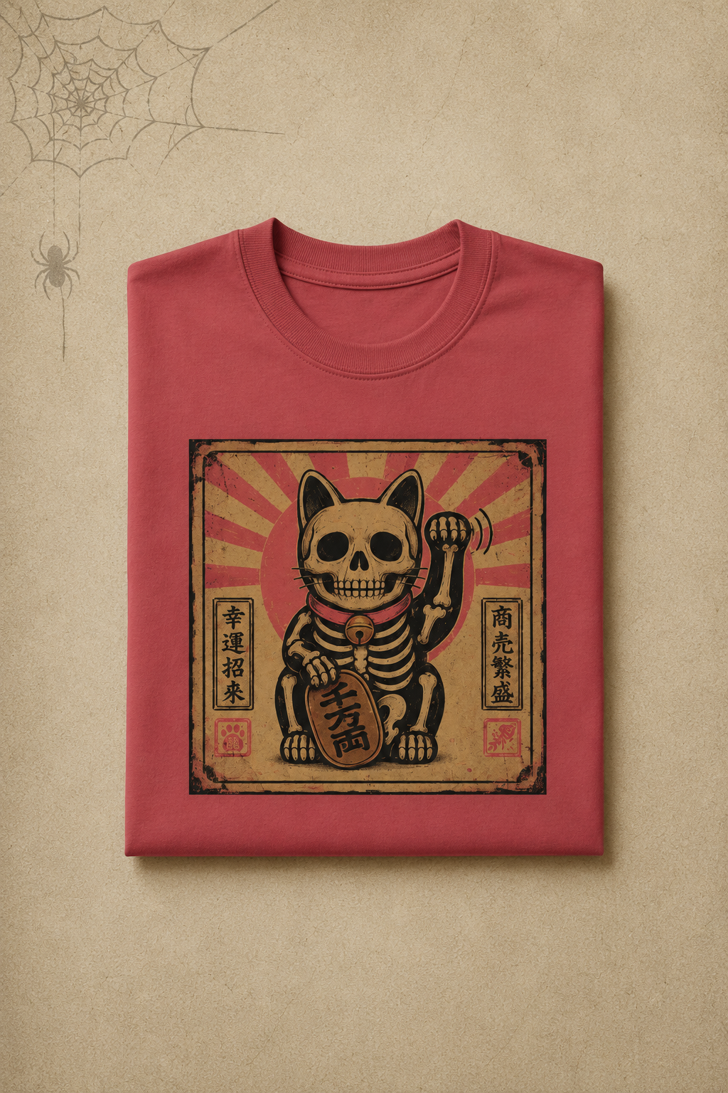 Maneki-Neko Skeleton Halloween T-Shirt - Crimson