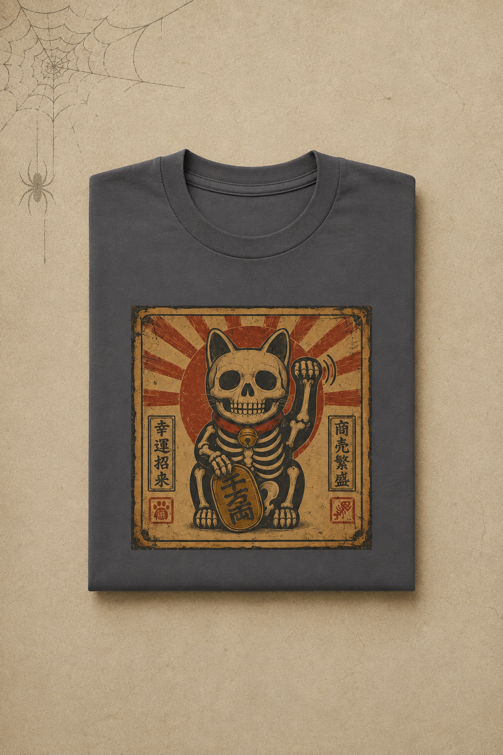 Maneki-Neko Skeleton Halloween T-Shirt - Graphite