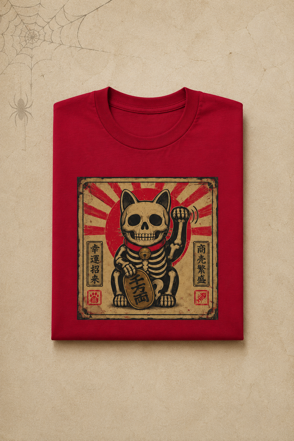 Maneki-Neko Skeleton Halloween T-Shirt - Red