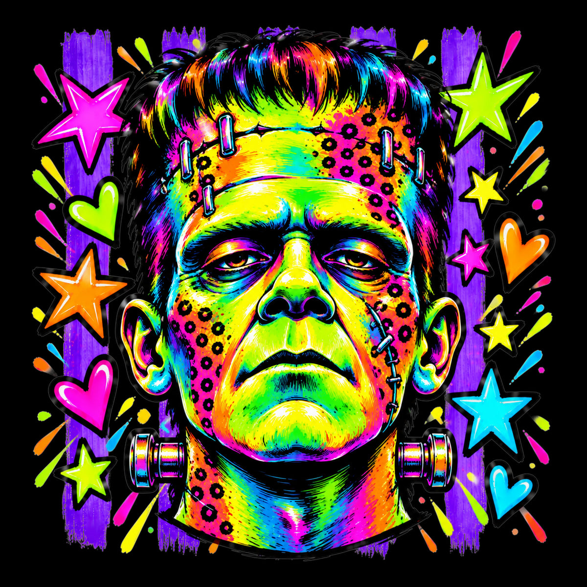 Neon Frankenstein monster Halloween tote bag artwork on black background