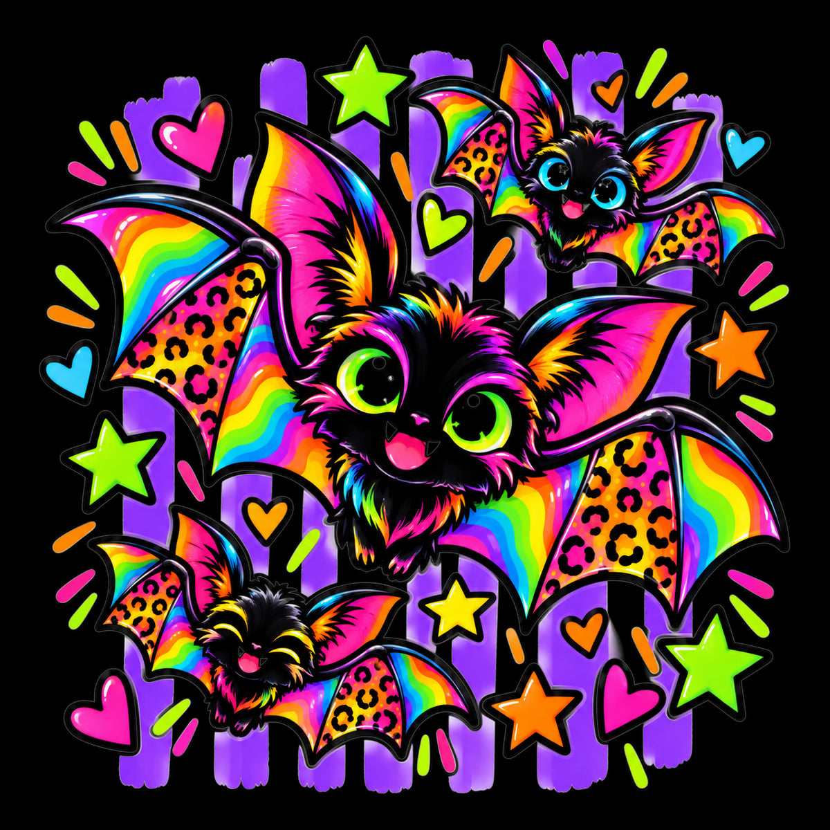 Neon bats Halloween tote bag artwork on black background