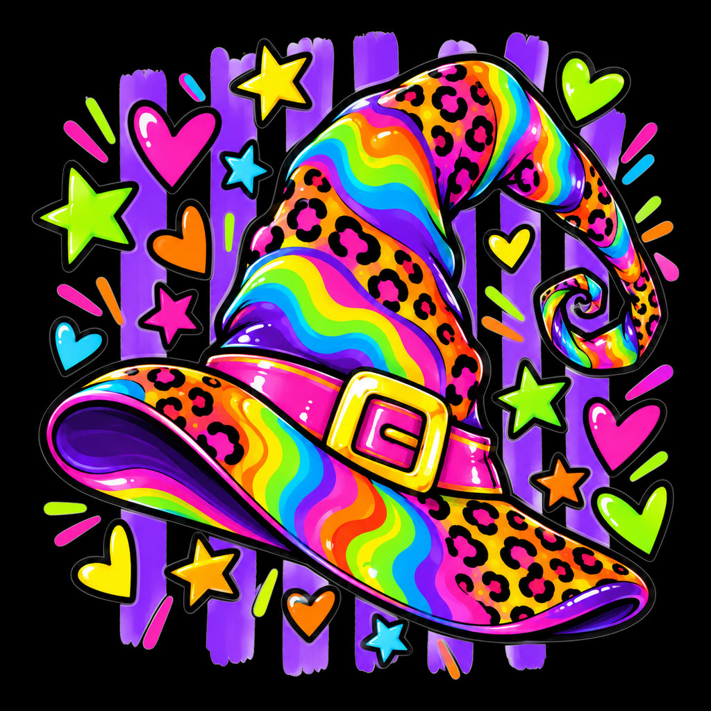 Neon witch hat Halloween tote bag artwork on black background