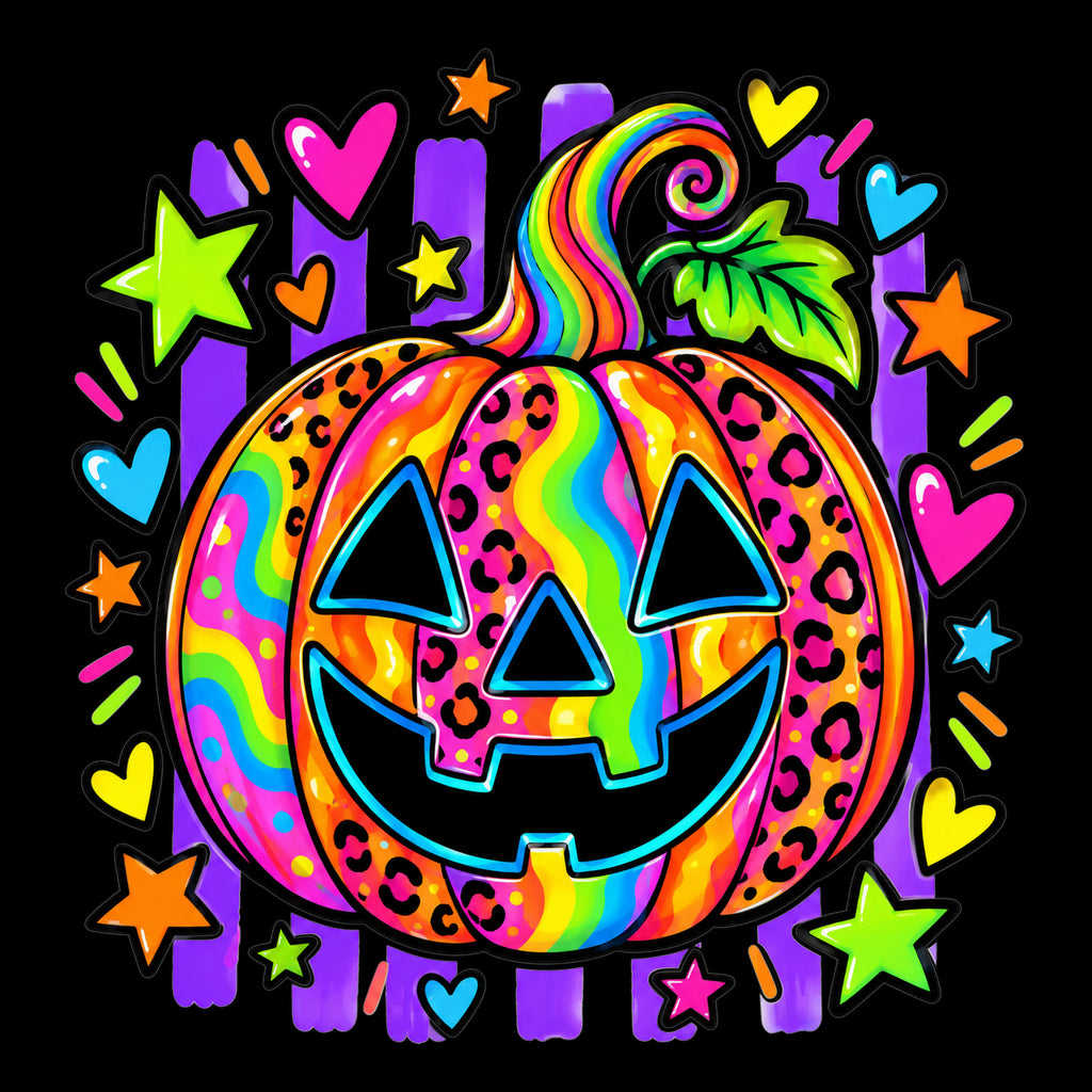 Neon jack-o'-lantern pumpkin Halloween tote bag artwork on black background