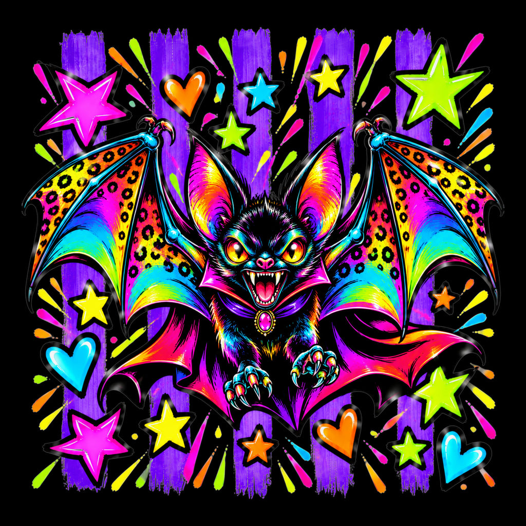 Neon vampire bat Halloween tote bag artwork on black background