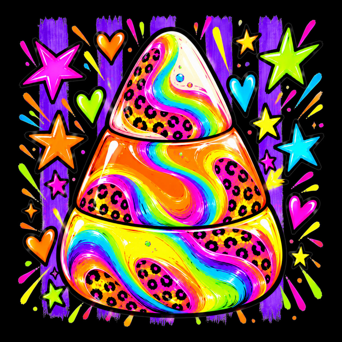 Neon candy corn Halloween tote bag artwork on black background