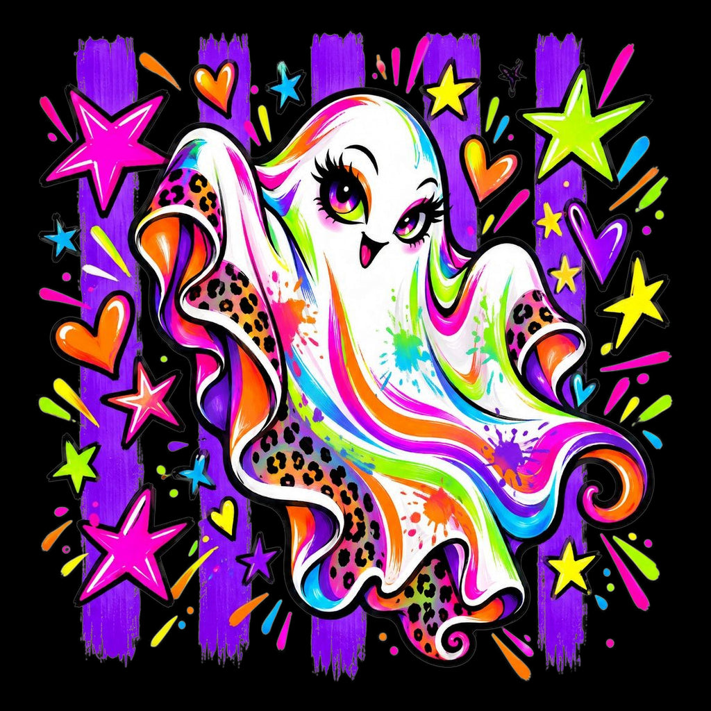 Neon rainbow ghost Halloween tote bag artwork on black background
