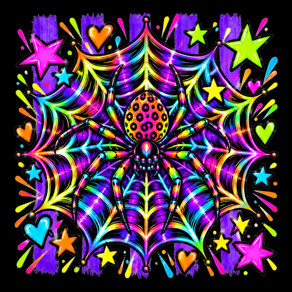 Neon rainbow spiderweb Halloween tote bag artwork on black background