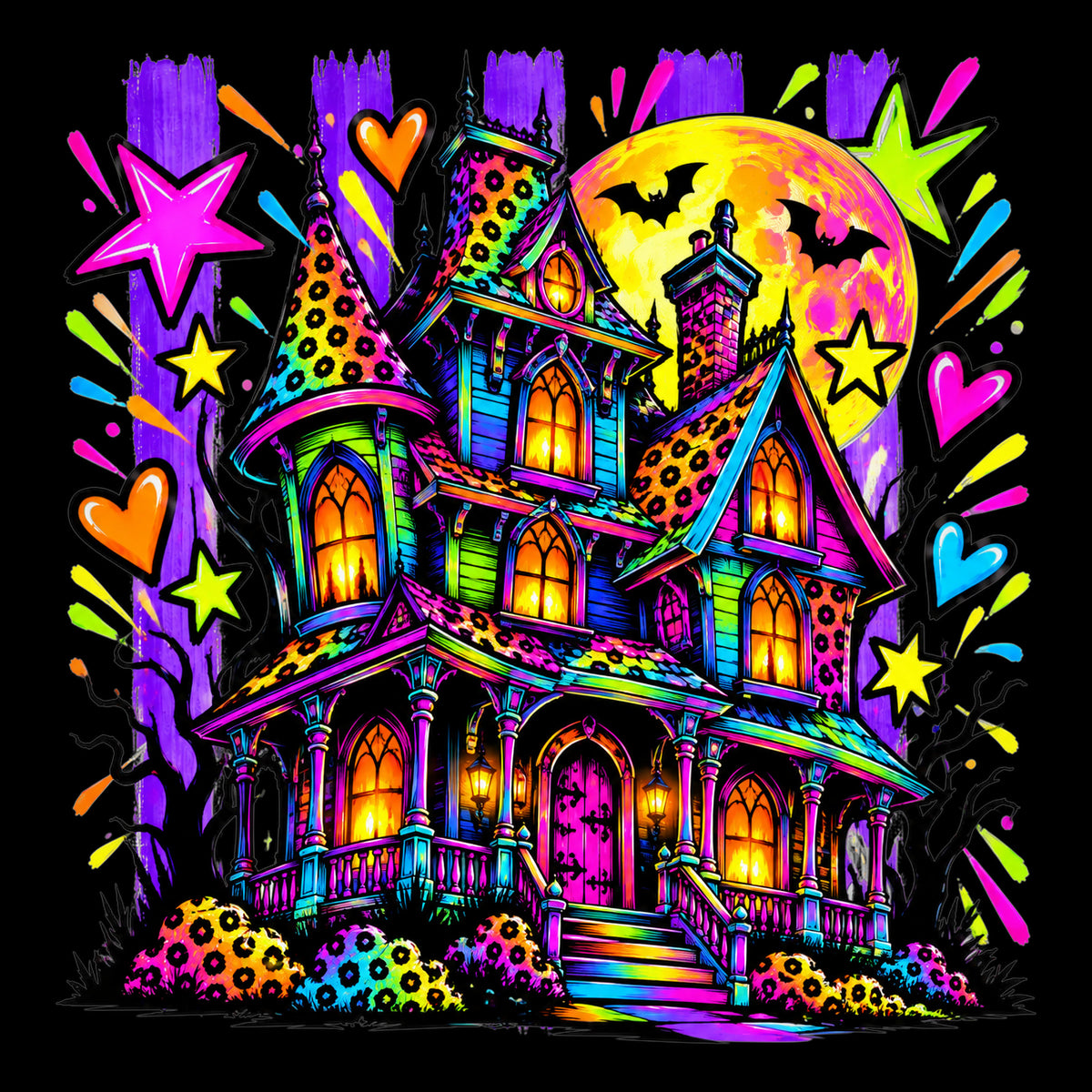 Neon haunted house Halloween tote bag artwork on black background