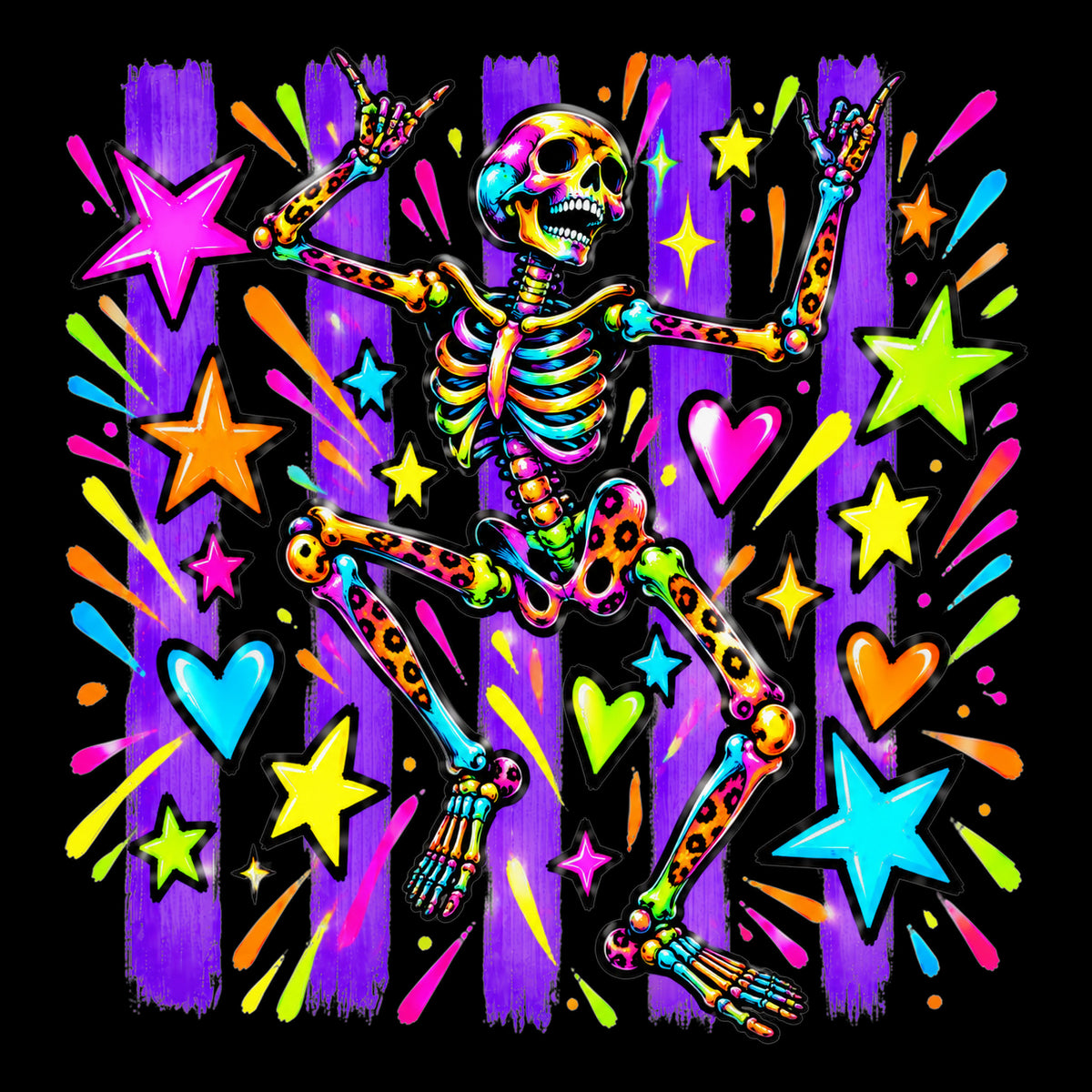 Neon dancing skeleton Halloween tote bag artwork on black background