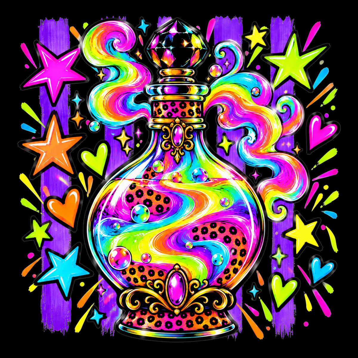 Neon potion bottle Halloween tote bag artwork on black background