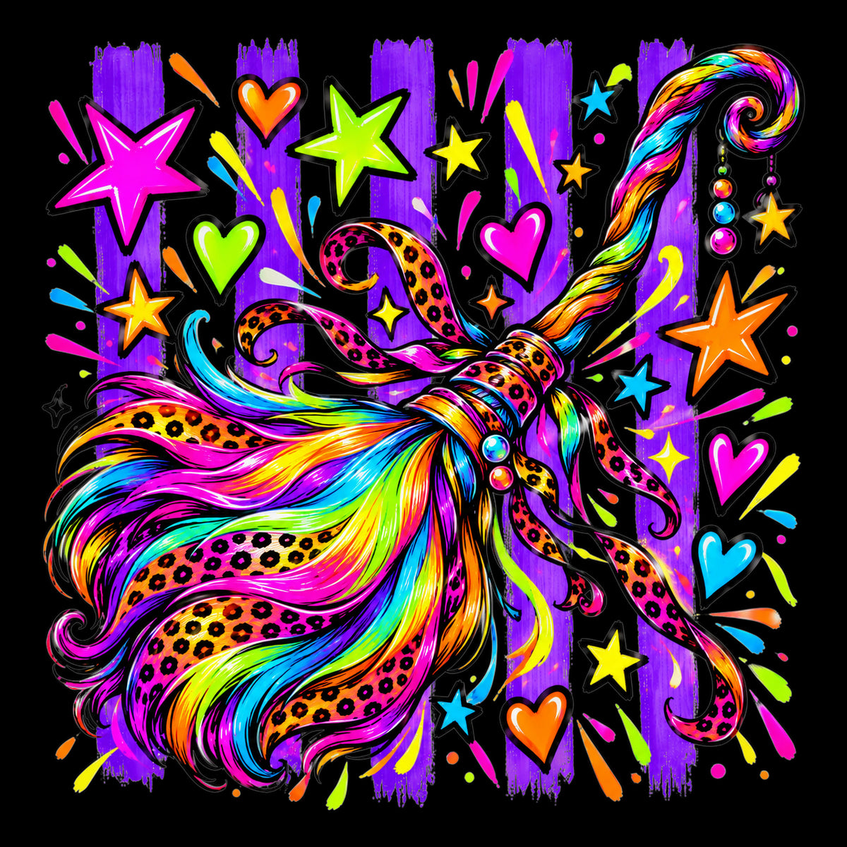Neon witch broom Halloween tote bag artwork on black background