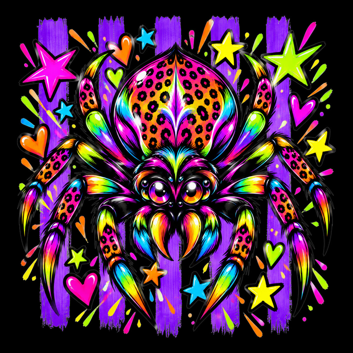 Neon leopard-print spider Halloween tote bag artwork on black background