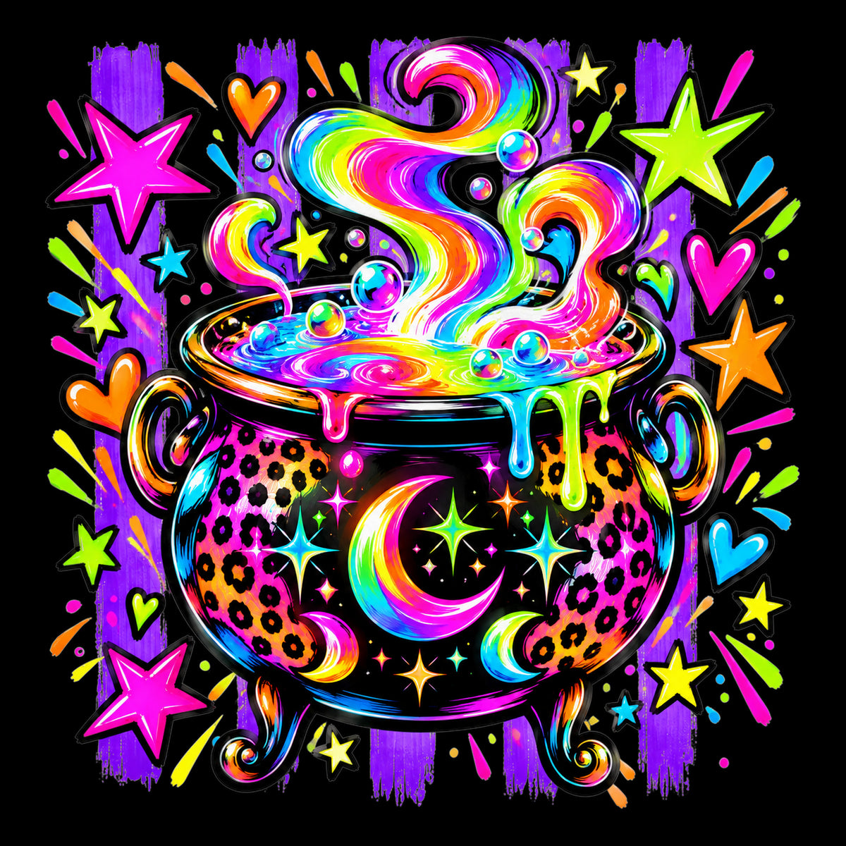 Neon witch's cauldron Halloween tote bag artwork on black background