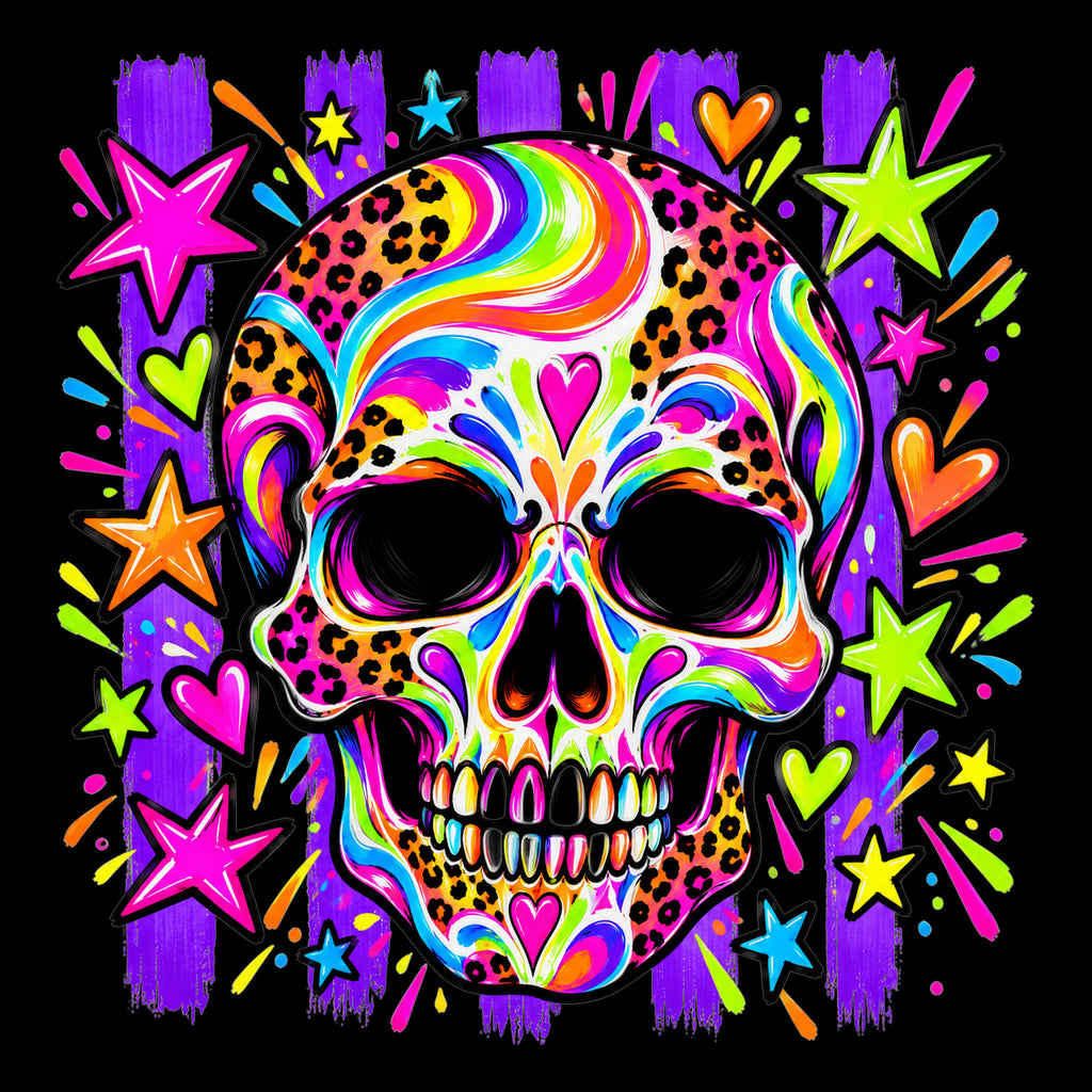 Neon rainbow leopard-print skull Halloween tote bag artwork on black background