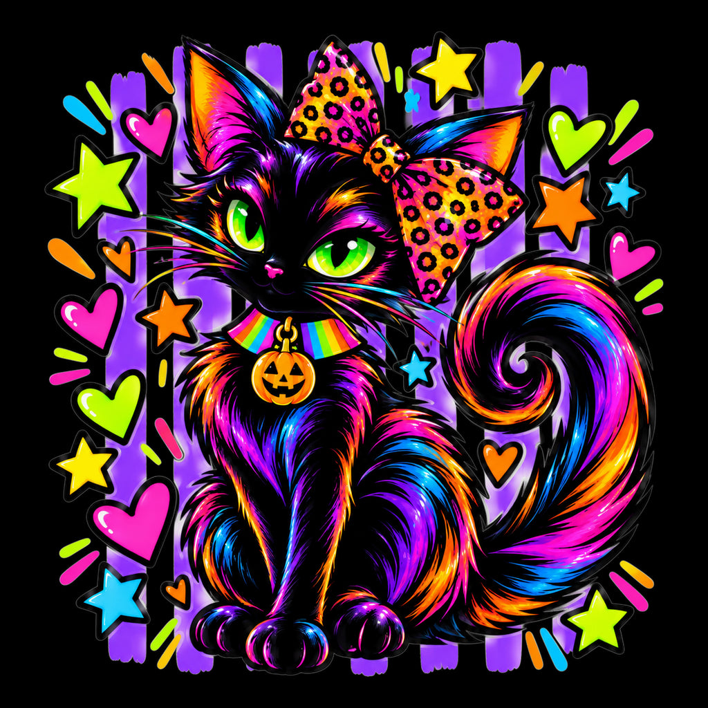 Neon black cat Halloween tote bag artwork on black background