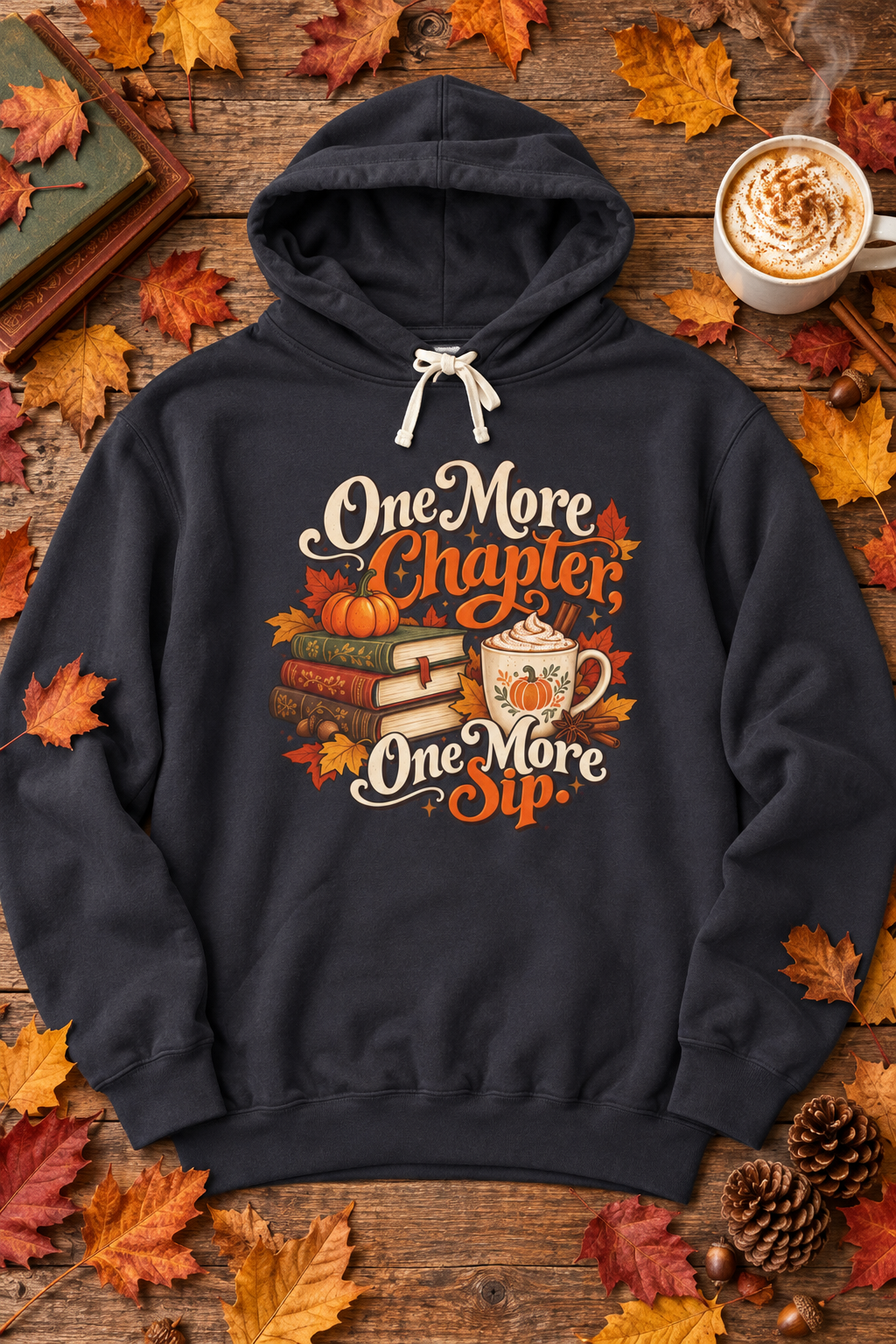 One More Chapter, One More Sip Hoodie — Pumpkin Spice Book Lover Sweatshirt