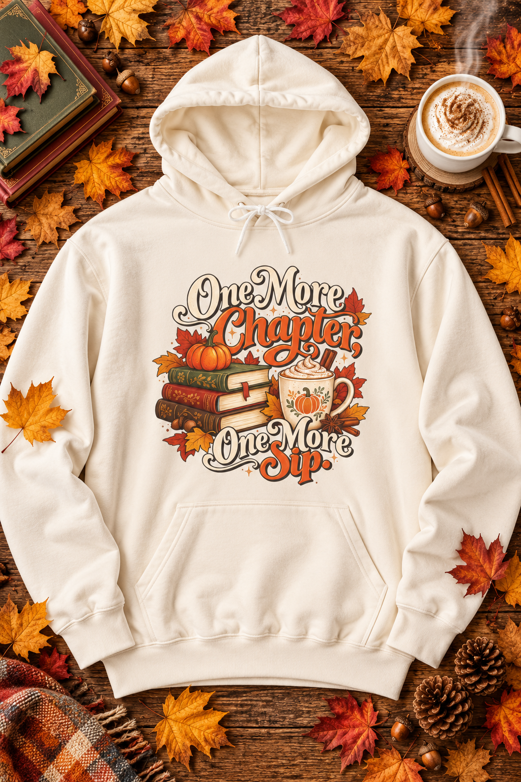 One More Chapter, One More Sip Hoodie — Pumpkin Spice Book Lover Sweatshirt