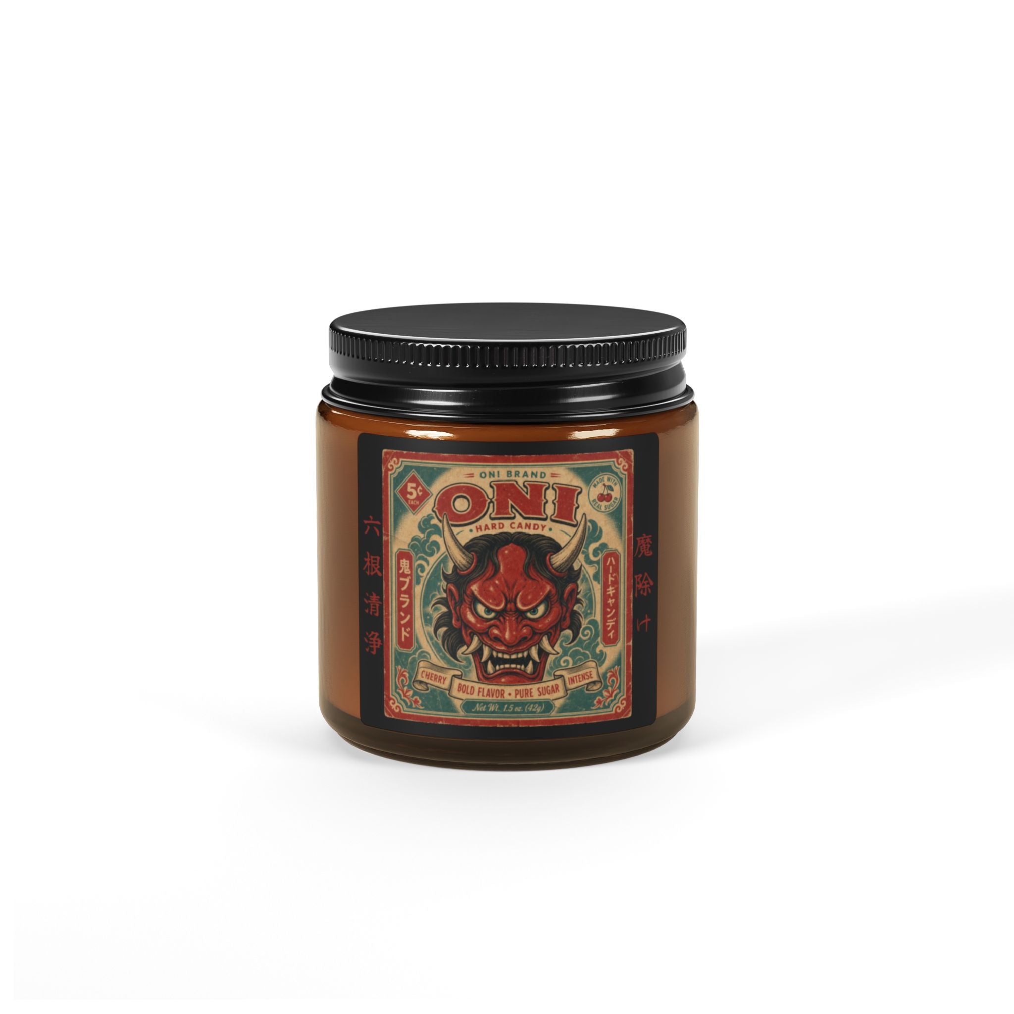 Oni Hard Candy Halloween Candle – Japanese Devil Mask, Vintage Candy Wrapper Art, Evil-Warding Talisman