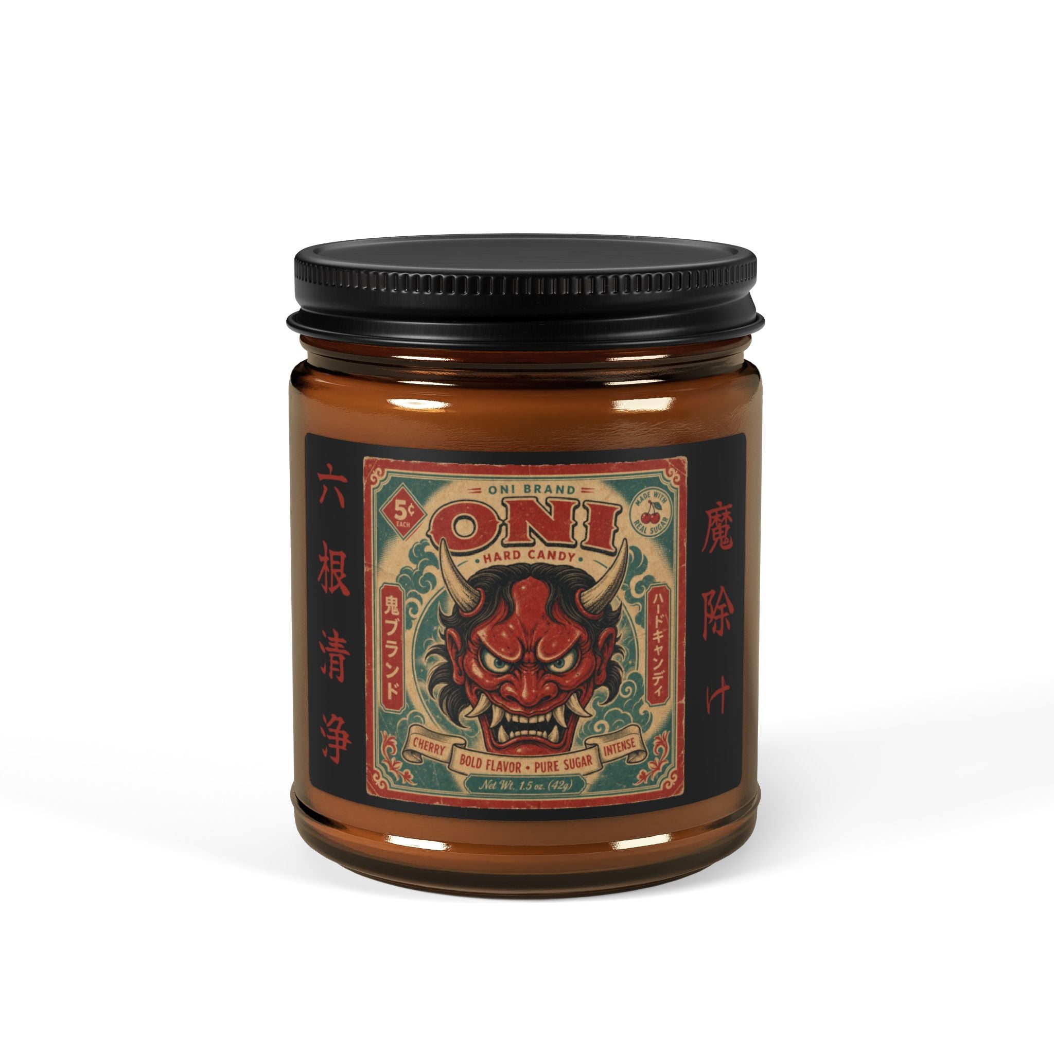 Oni Hard Candy Halloween Candle – Japanese Devil Mask, Vintage Candy Wrapper Art, Evil-Warding Talisman
