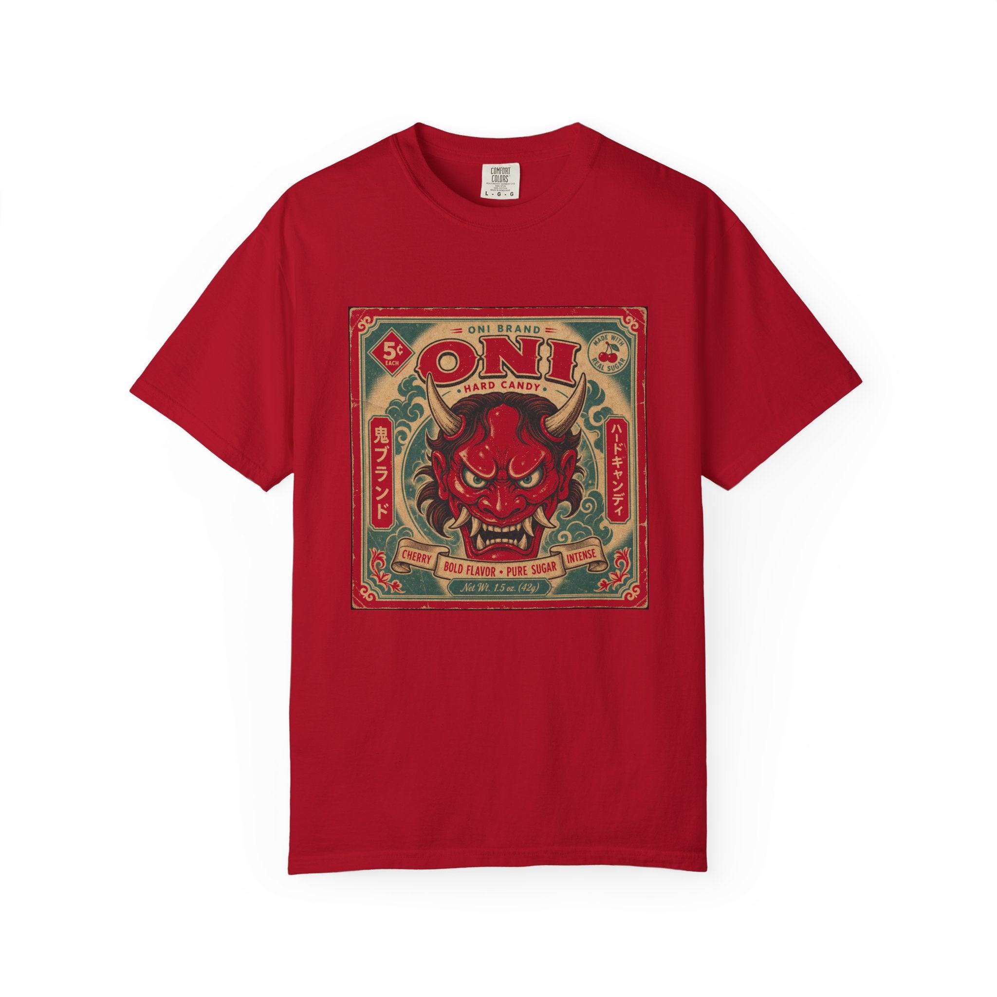 Oni Hard Candy Vintage Label Graphic Tee | Japanese Devil Mask Retro Cherry Candy Art | Comfort Colors 1717 Garment-Dyed T-Shirt