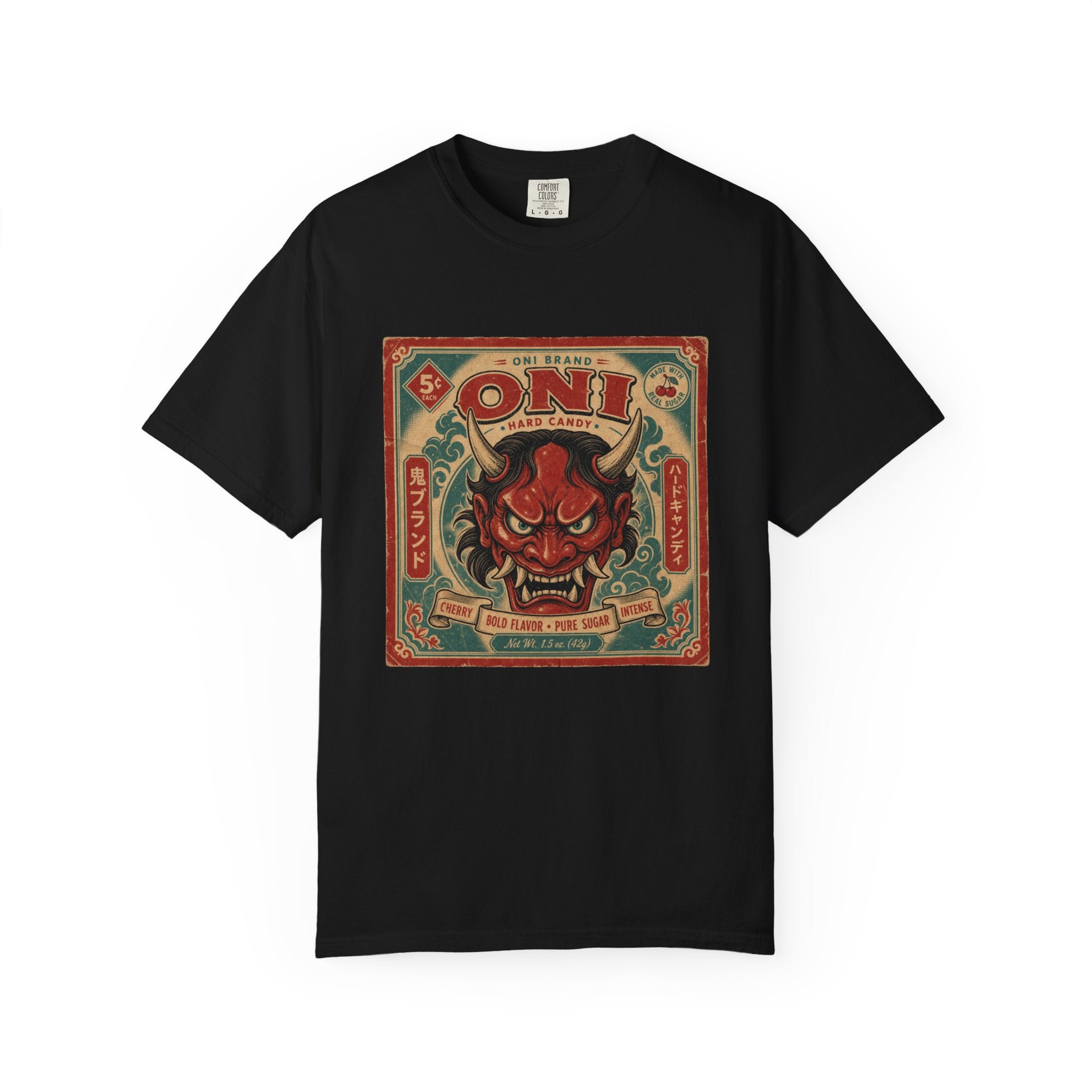 Oni Hard Candy Vintage Label Graphic Tee | Japanese Devil Mask Retro Cherry Candy Art | Comfort Colors 1717 Garment-Dyed T-Shirt