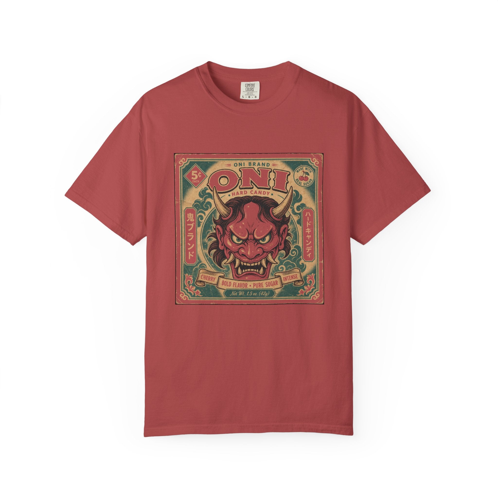 Oni Hard Candy Vintage Label Graphic Tee | Japanese Devil Mask Retro Cherry Candy Art | Comfort Colors 1717 Garment-Dyed T-Shirt