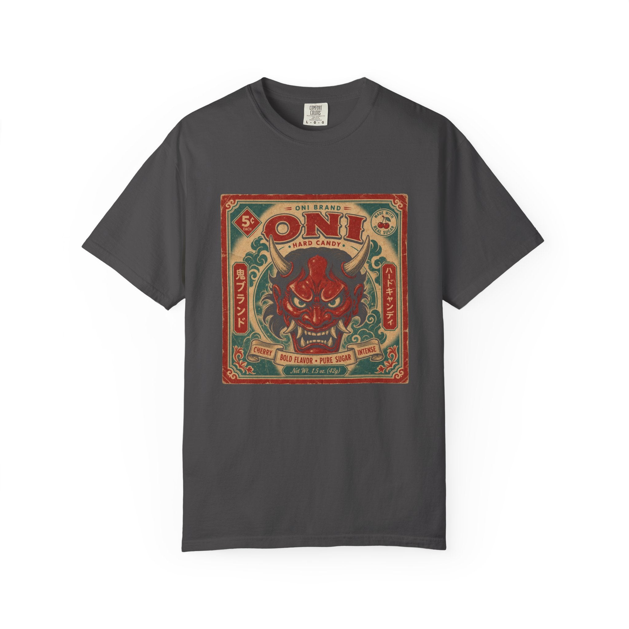 Oni Hard Candy Vintage Label Graphic Tee | Japanese Devil Mask Retro Cherry Candy Art | Comfort Colors 1717 Garment-Dyed T-Shirt