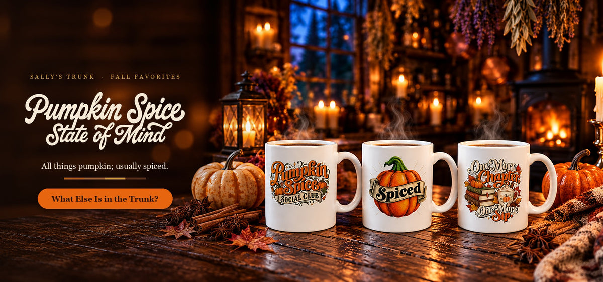 Pumpkin Spice State of Mind: three pumpkin spice mugs on a candlelit cabin table. What Else Is in the Trunk?