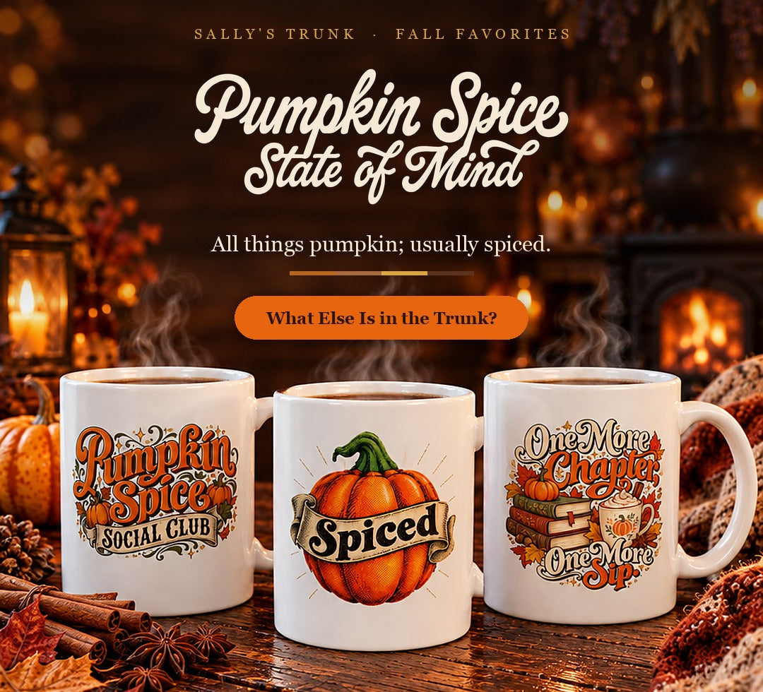 Pumpkin Spice State of Mind: three pumpkin spice mugs on a candlelit cabin table. What Else Is in the Trunk?