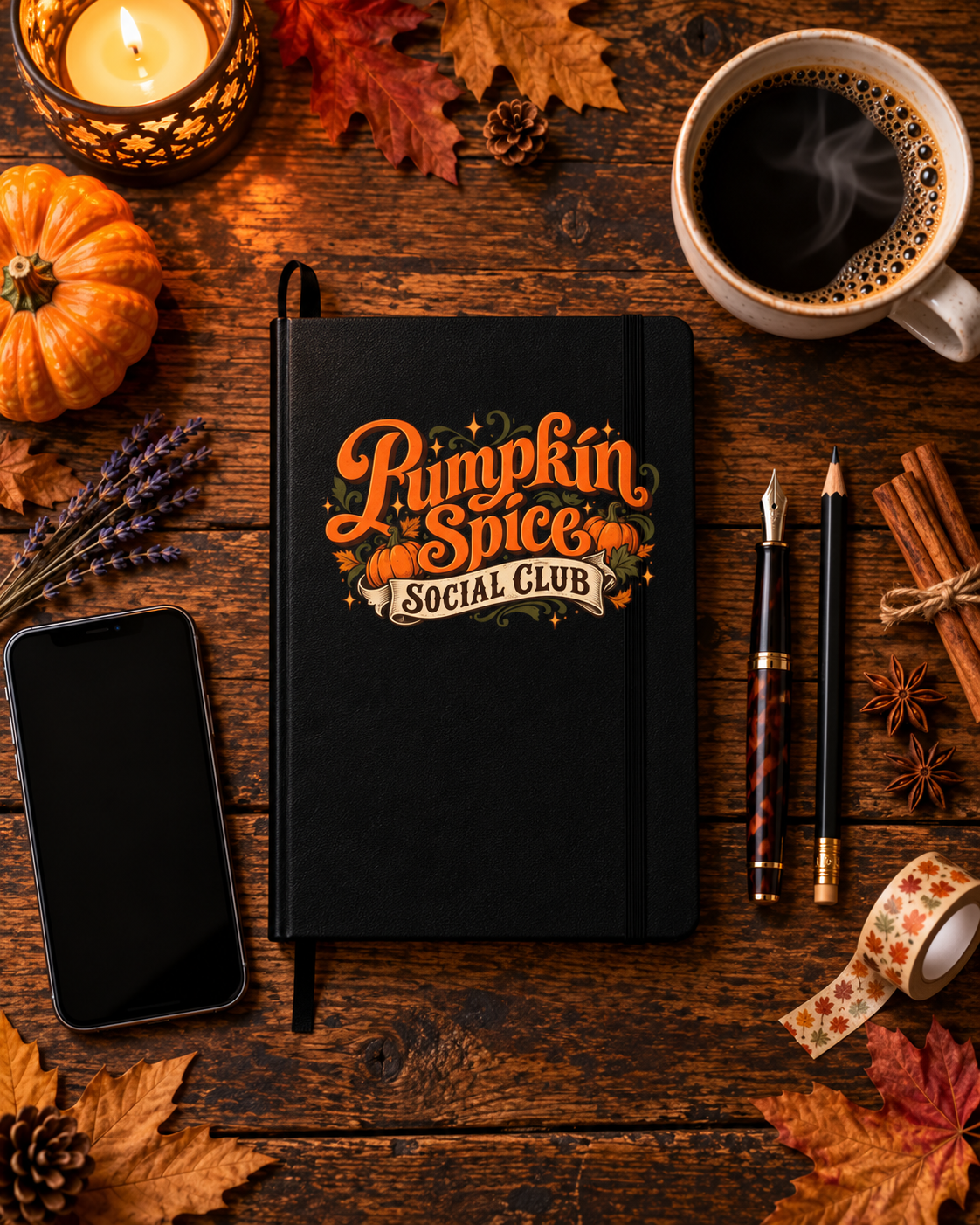 Pumpkin Spice Social Club Journal | Fall Hardcover Notebook with Ribbon & Pocket