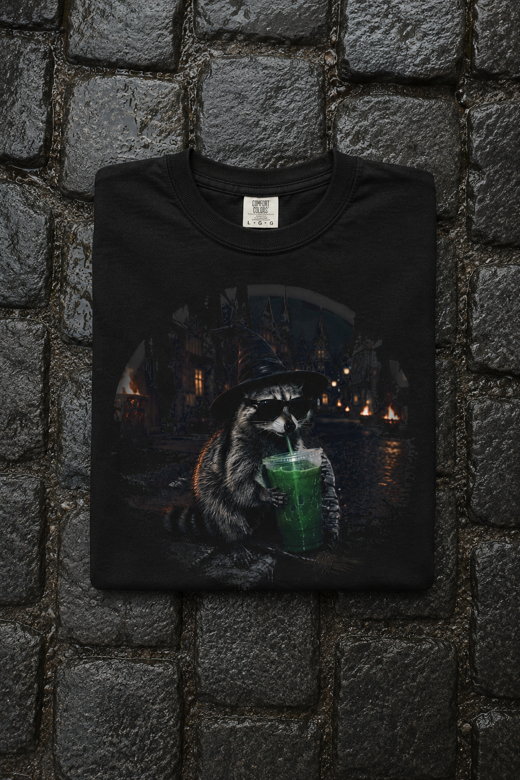 Witch Raccoon Halloween Tee - Black Pinterest mockup