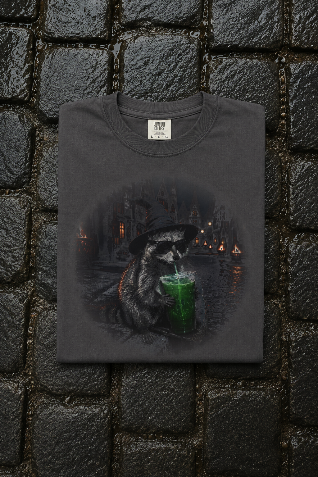 Witch Raccoon Halloween Tee - Graphite Pinterest mockup
