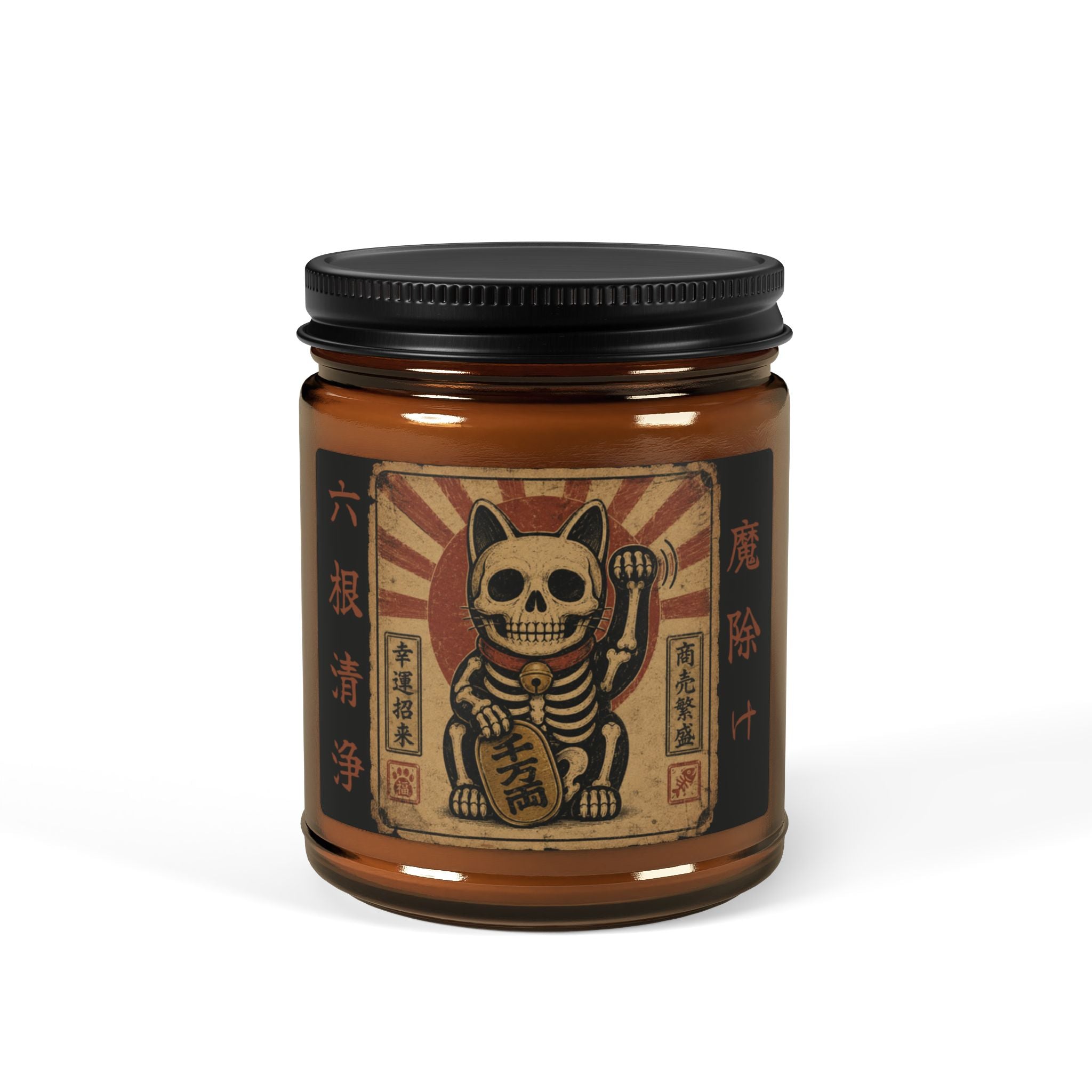 Skeleton Maneki-Neko Halloween Candle – Japanese Lucky Cat, Evil Warding Talisman, Vintage Occult Decor