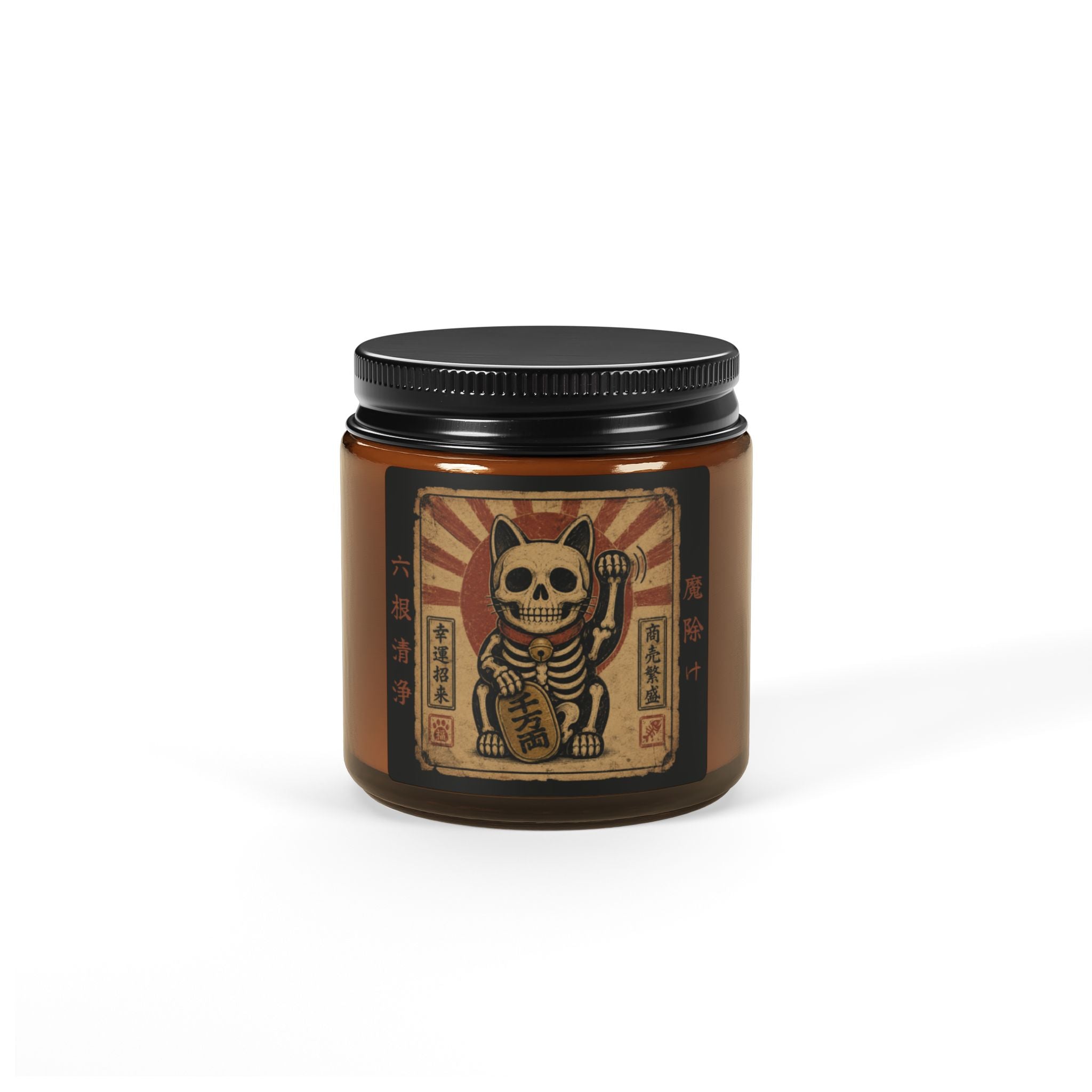 Skeleton Maneki-Neko Halloween Candle – Japanese Lucky Cat, Evil Warding Talisman, Vintage Occult Decor