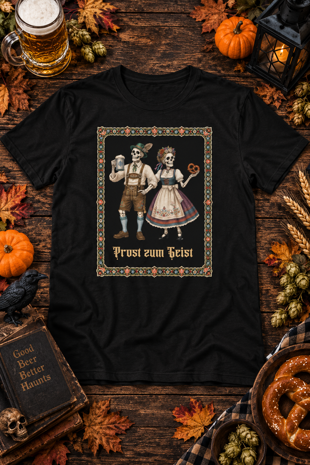 "Prost Zum Geist" Skeleton Oktoberfest T-Shirt – Bavarian Beer Stein & Pretzel Gothic Graphic Tee