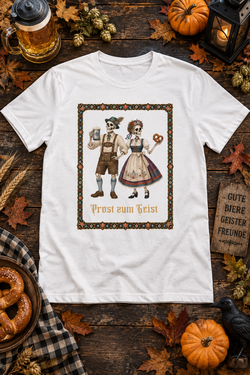 "Prost Zum Geist" Skeleton Oktoberfest T-Shirt – Bavarian Beer Stein & Pretzel Gothic Graphic Tee