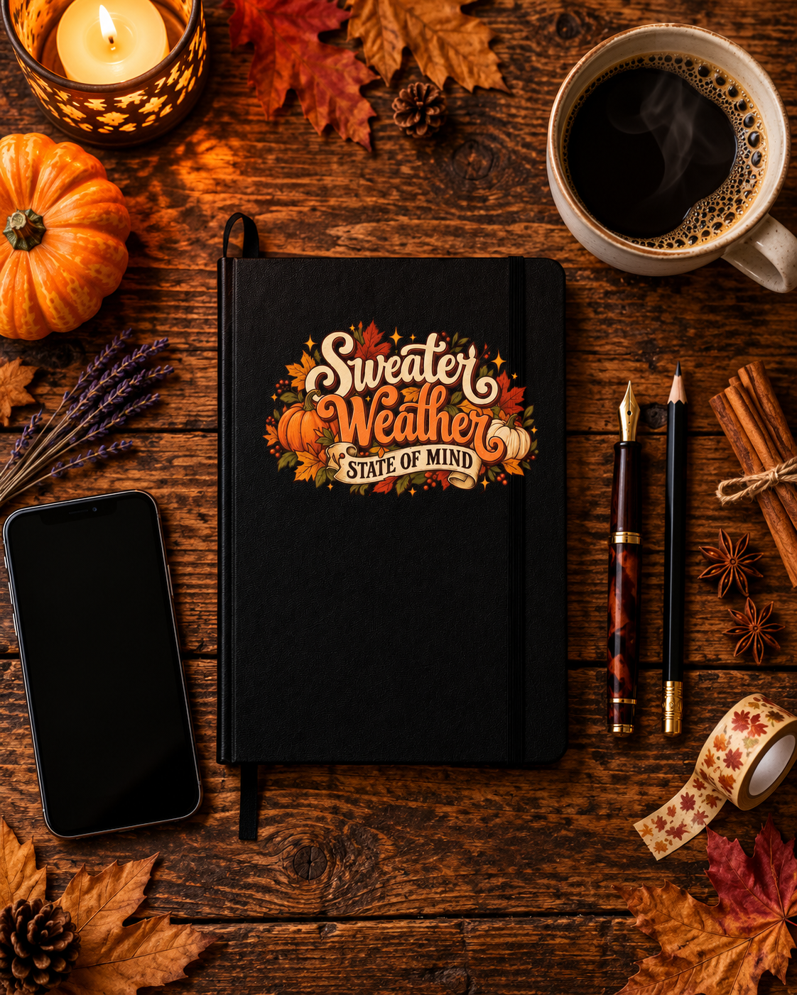 Sweater Weather State of Mind Journal | Fall Pumpkin & Leaves Hardcover Notebook