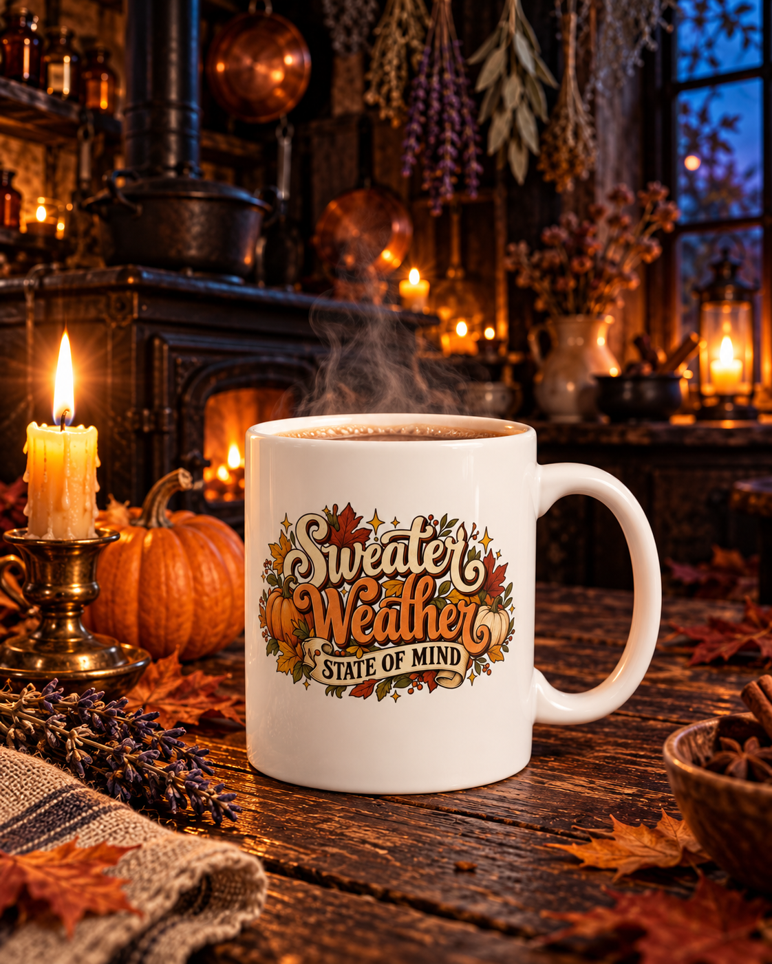 Sweater Weather State of Mind Mug | Cozy Fall Pumpkins & Leaves Coffee Mug