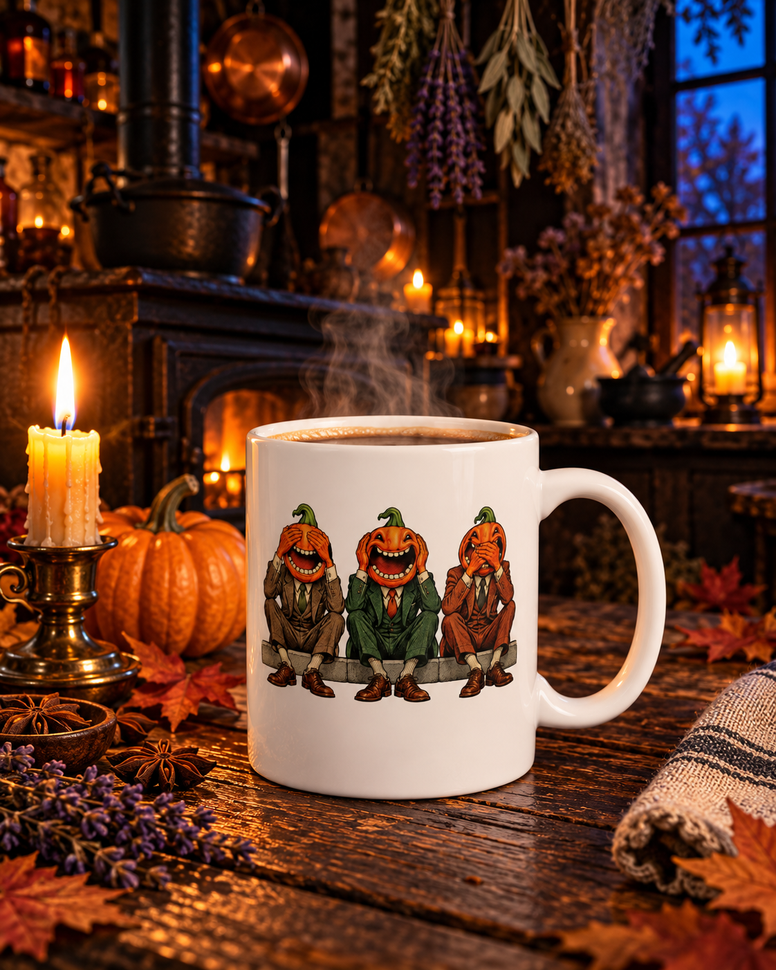 Three Wise Pumpkins Mug | See, Hear & Speak No Evil Jack-o'-Lantern Coffee Mug