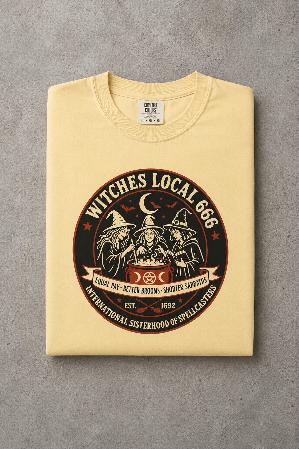 Witches Local 666 t-shirt — Banana colorway, folded flat lay