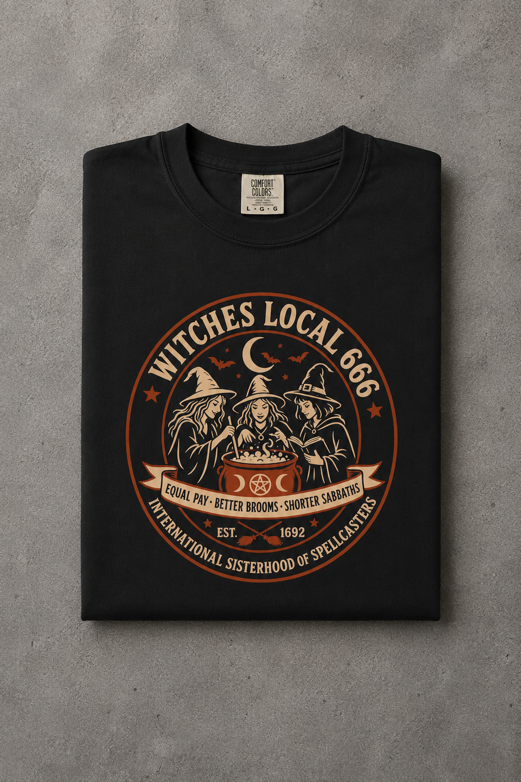 Witches Local 666 t-shirt — Black colorway, folded flat lay