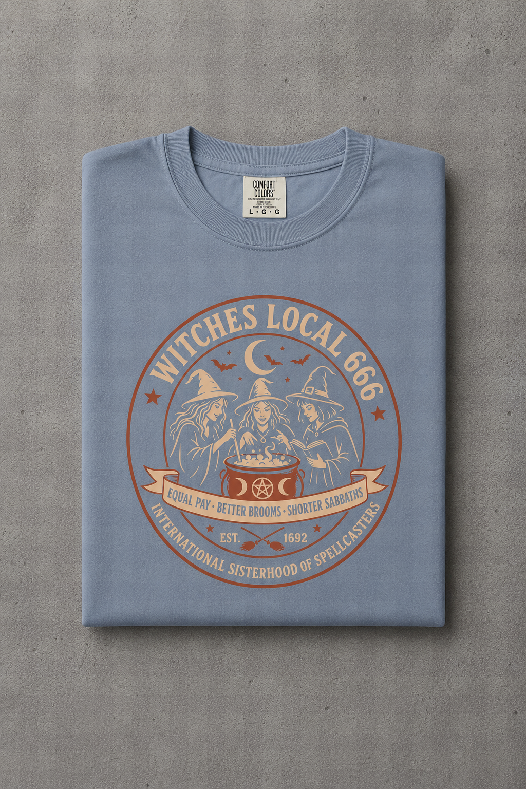 Witches Local 666 t-shirt — Blue Jean colorway, folded flat lay