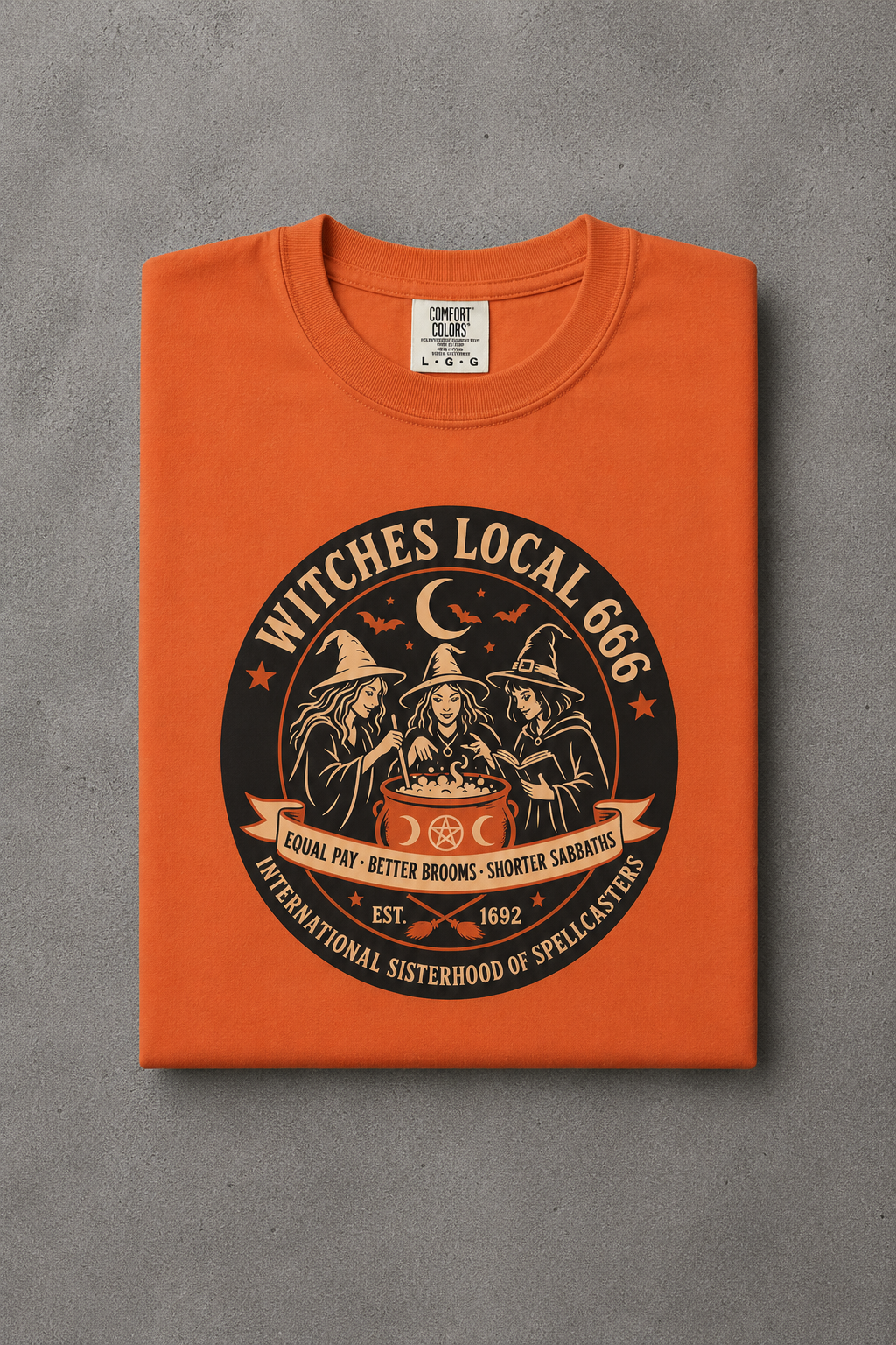 Witches Local 666 t-shirt — Burnt Orange colorway, folded flat lay
