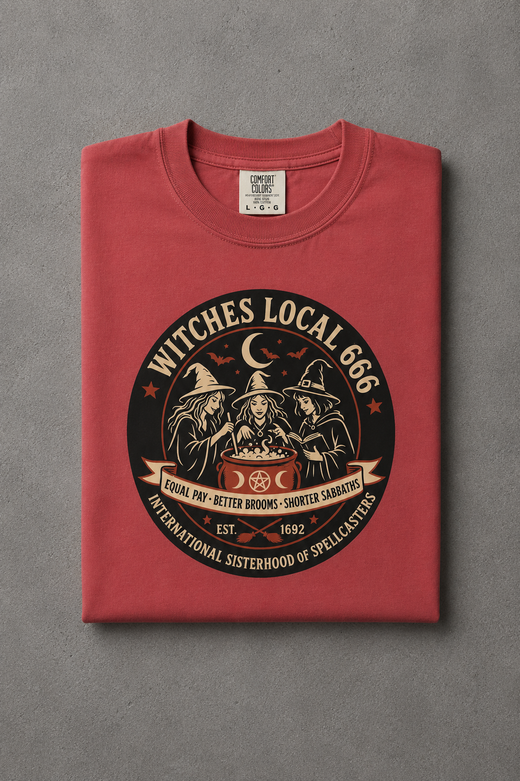 Witches Local 666 t-shirt — Crimson colorway, folded flat lay