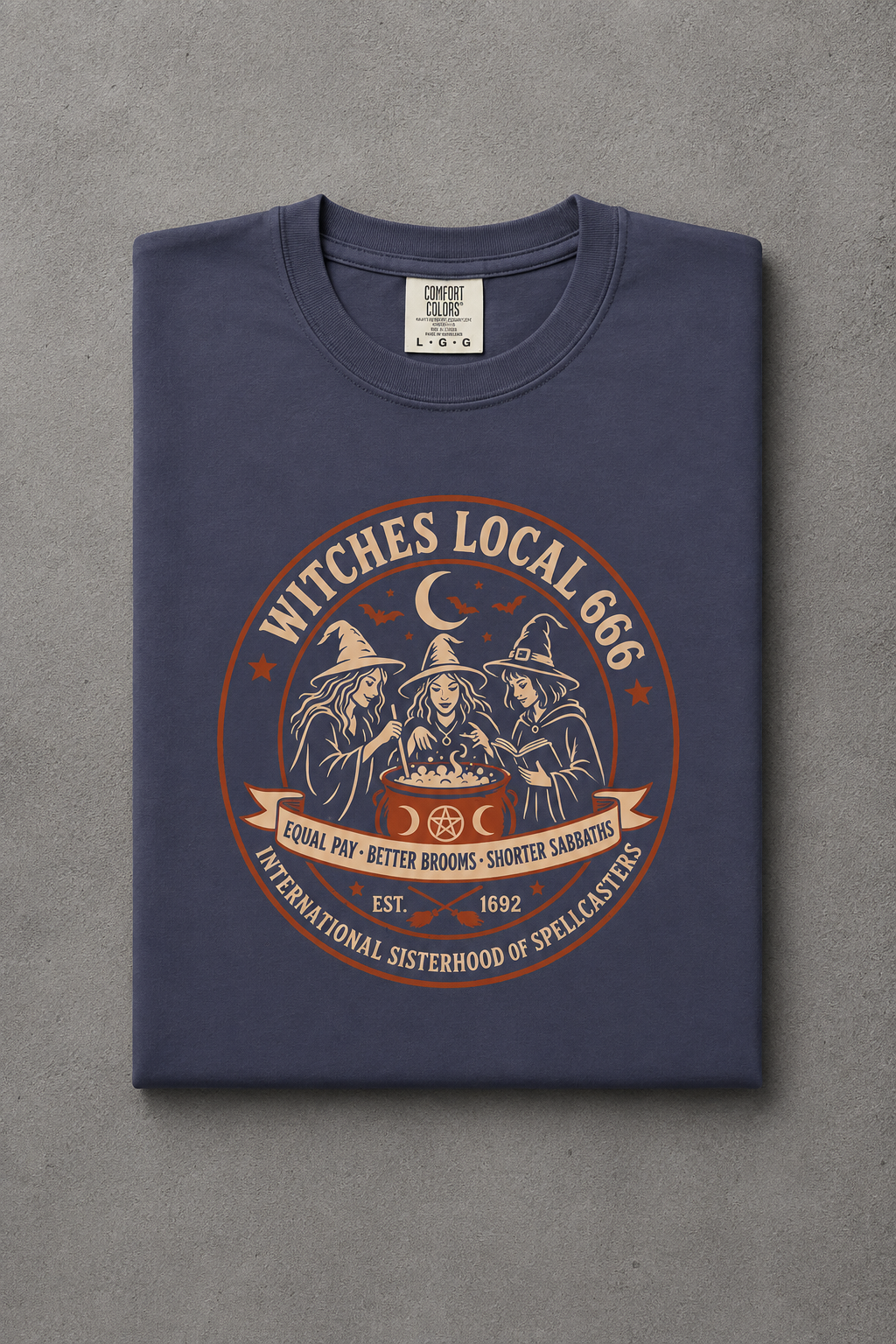 Witches Local 666 t-shirt — Denim colorway, folded flat lay